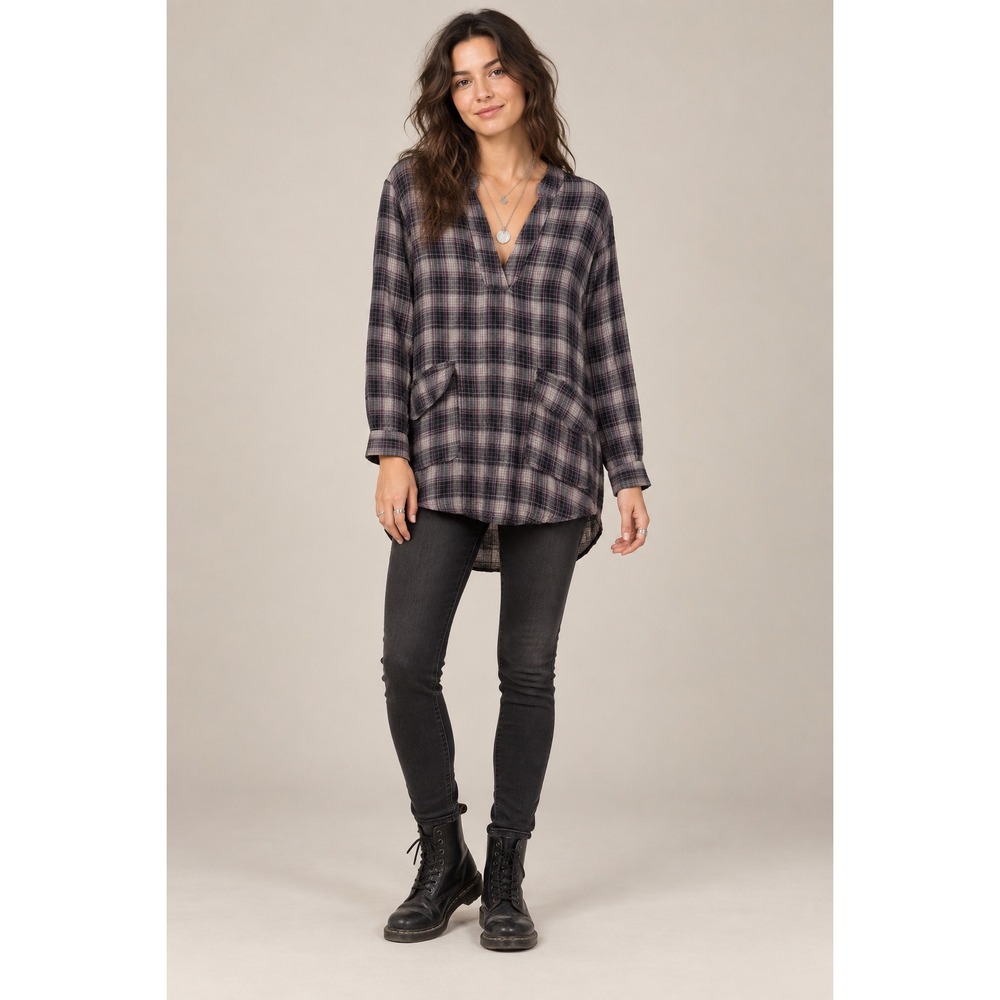 Natural Life Womens M Purple Gray Plaid Cotton Gauze Tunic Top Grunge Lagenlook